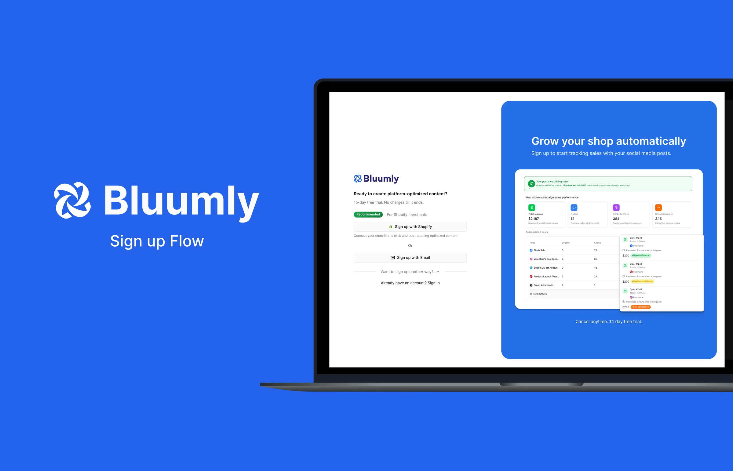 Bluumly sign up flow shown on a laptop, with the sign-up screen and a dashboard panel reading 'Grow your shop automatically'