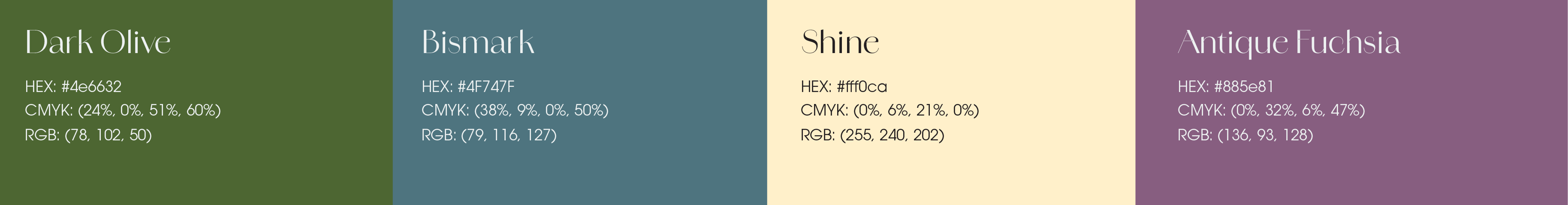 Brand color palette: Dark Olive, Bismark, Shine, and Antique Fuchsia, with hex, CMYK, and RGB values for each