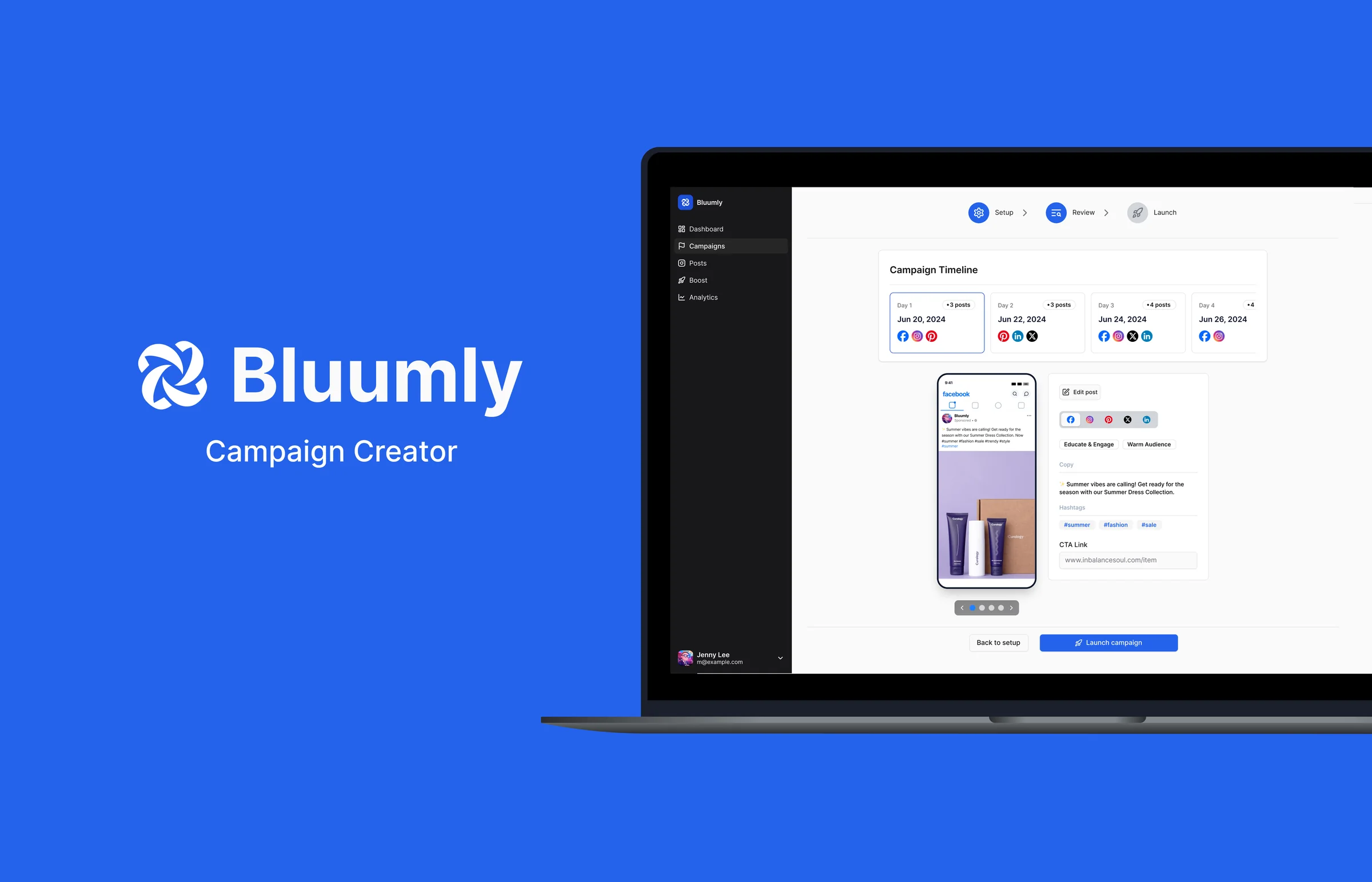 Bluumly Campaign Creator shown on a laptop, displaying a campaign timeline with scheduled posts and a phone preview of a Facebook post
