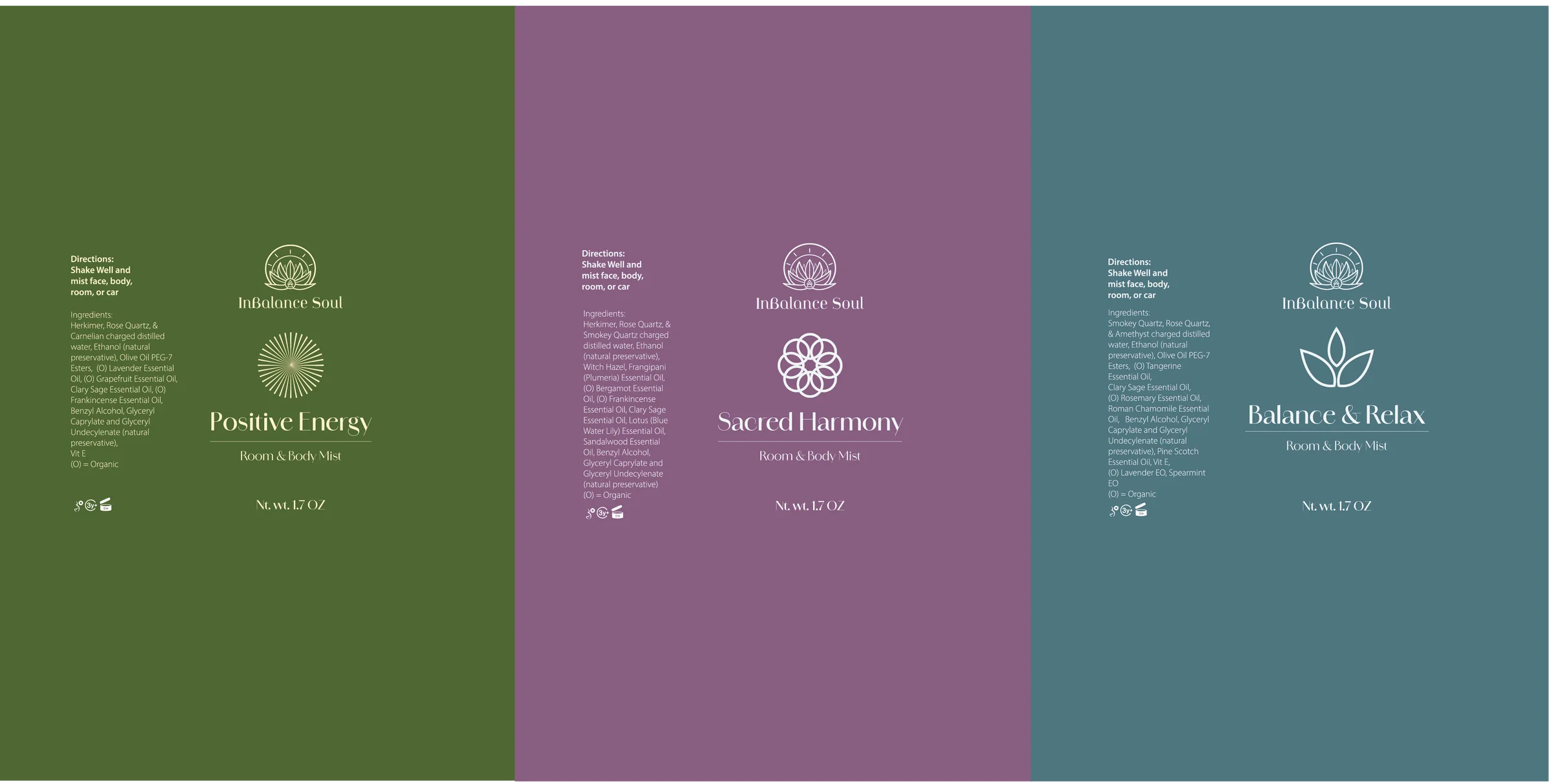Final label dielines for Positive Energy, Sacred Harmony, and Balance & Relax, shown in green, purple, and blue colorways with ingredient and directions copy