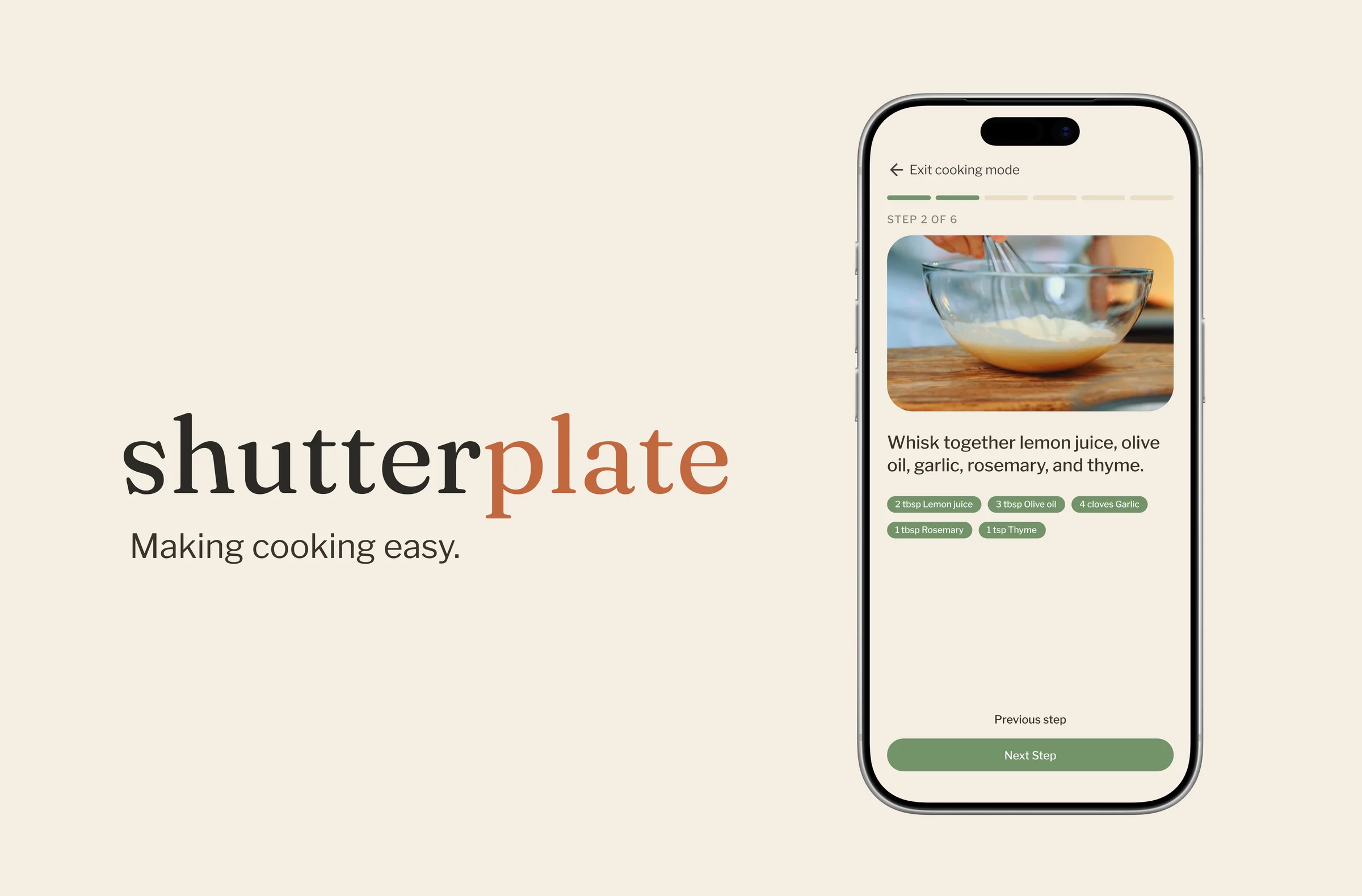 ShutterPlate wordmark alongside a phone showing the cooking mode step screen with a whisk animation and ingredient chips