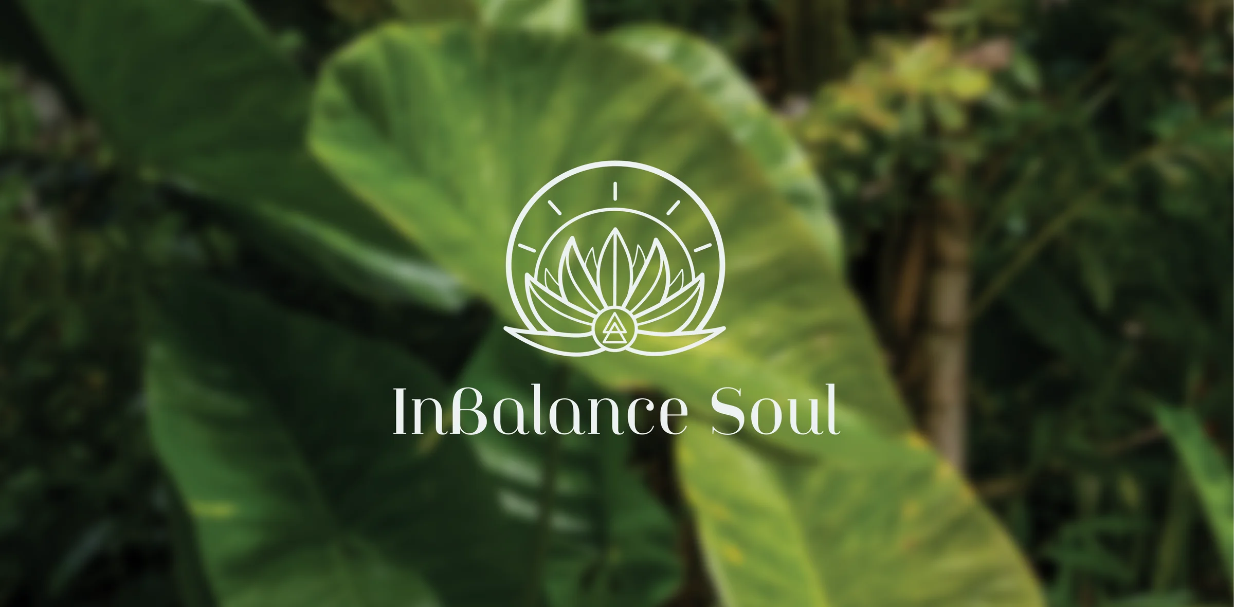 InBalance Soul logo, a lotus flower mark inside a sunburst circle, over a blurred green plant background