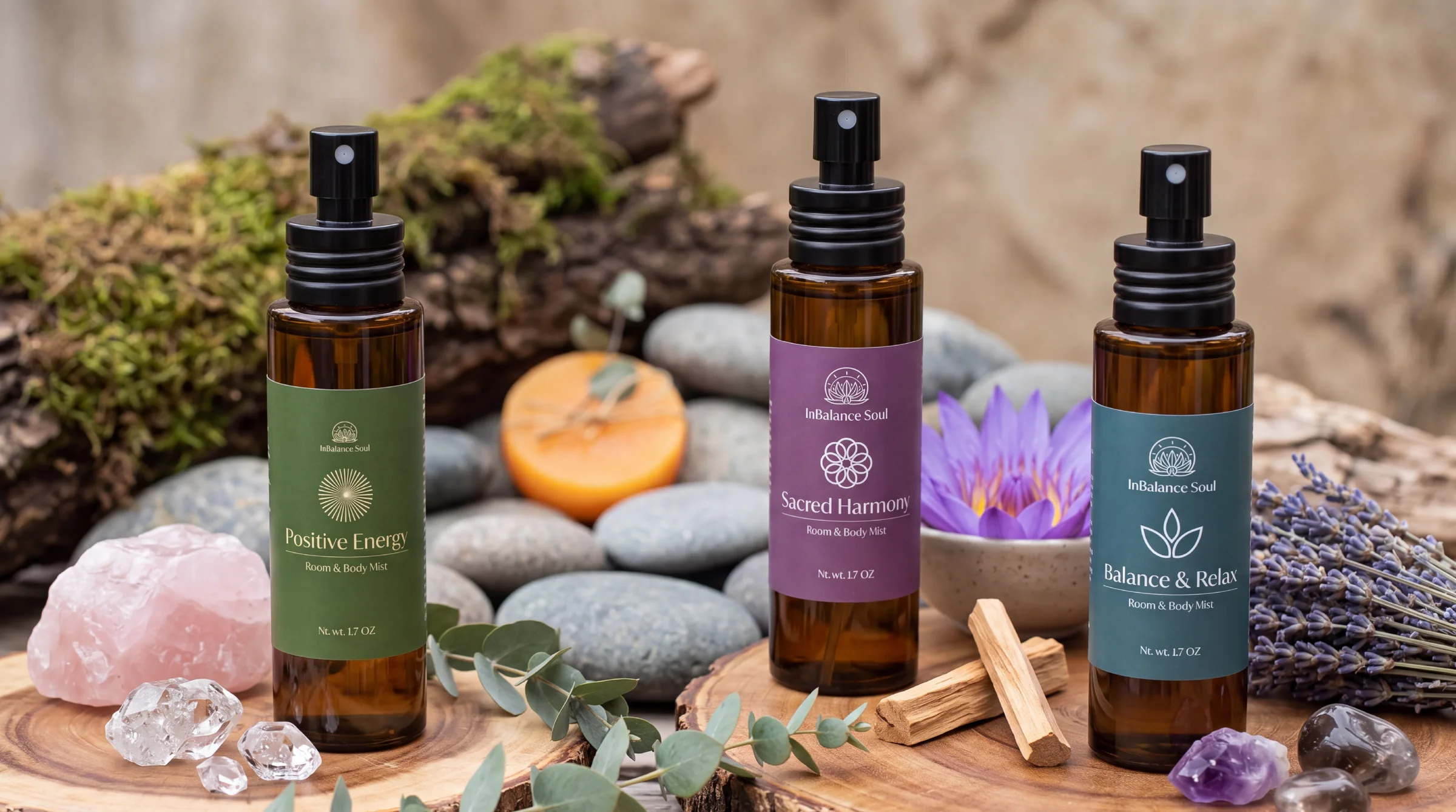 All three InBalance Soul mist bottles grouped together on a wood slab with crystals, eucalyptus, palo santo, and lavender