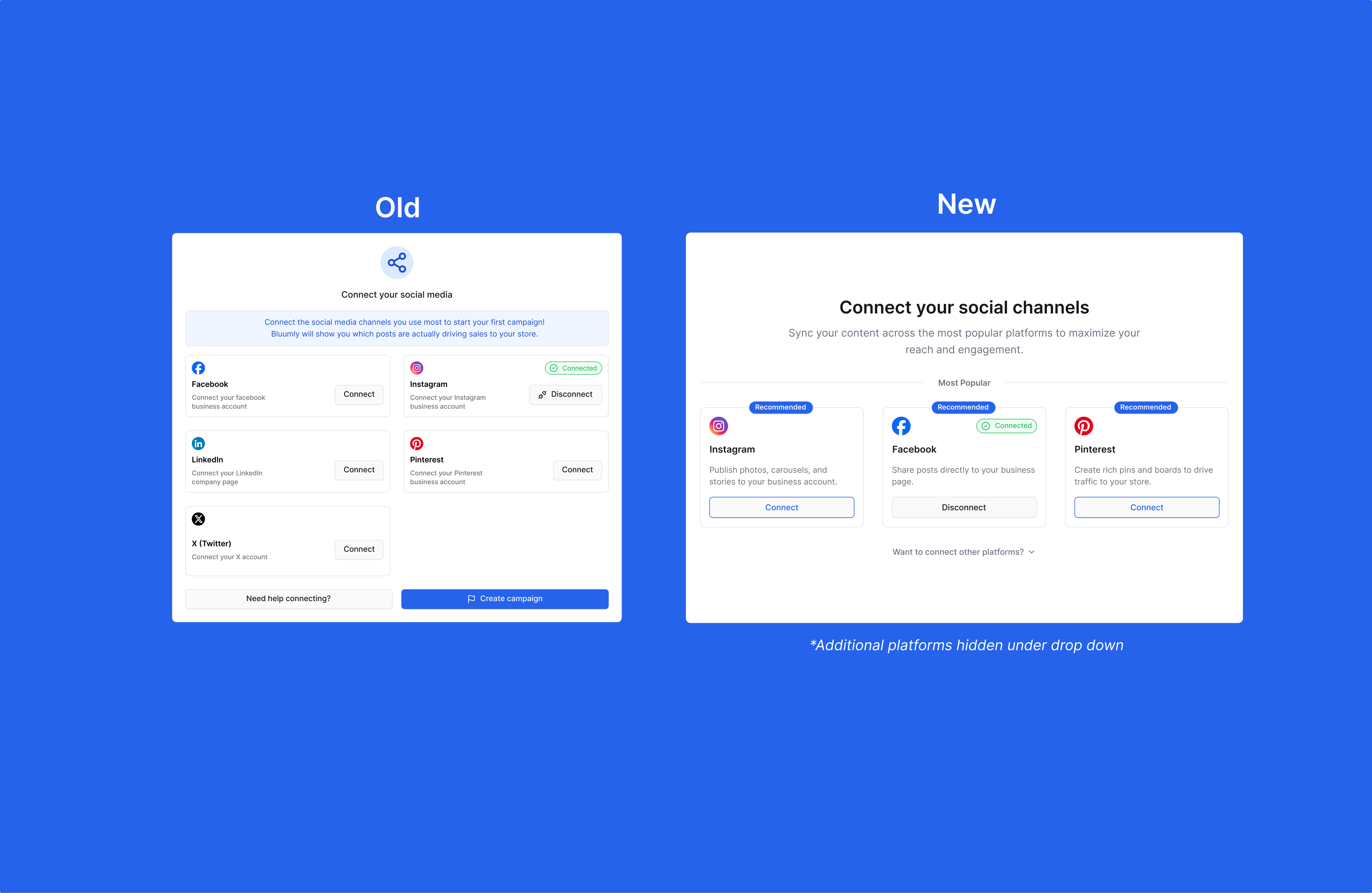 Comparison of the old and new 'Connect your social channels' screens in the Bluumly onboarding flow